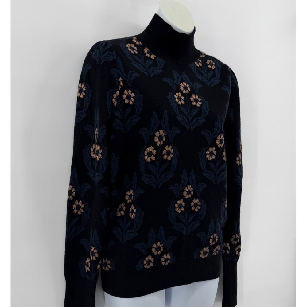 Ann Taylor Floral Mock Neck Sweater Women Small Black Blue Metallic Knit Top - Picture 3 of 8